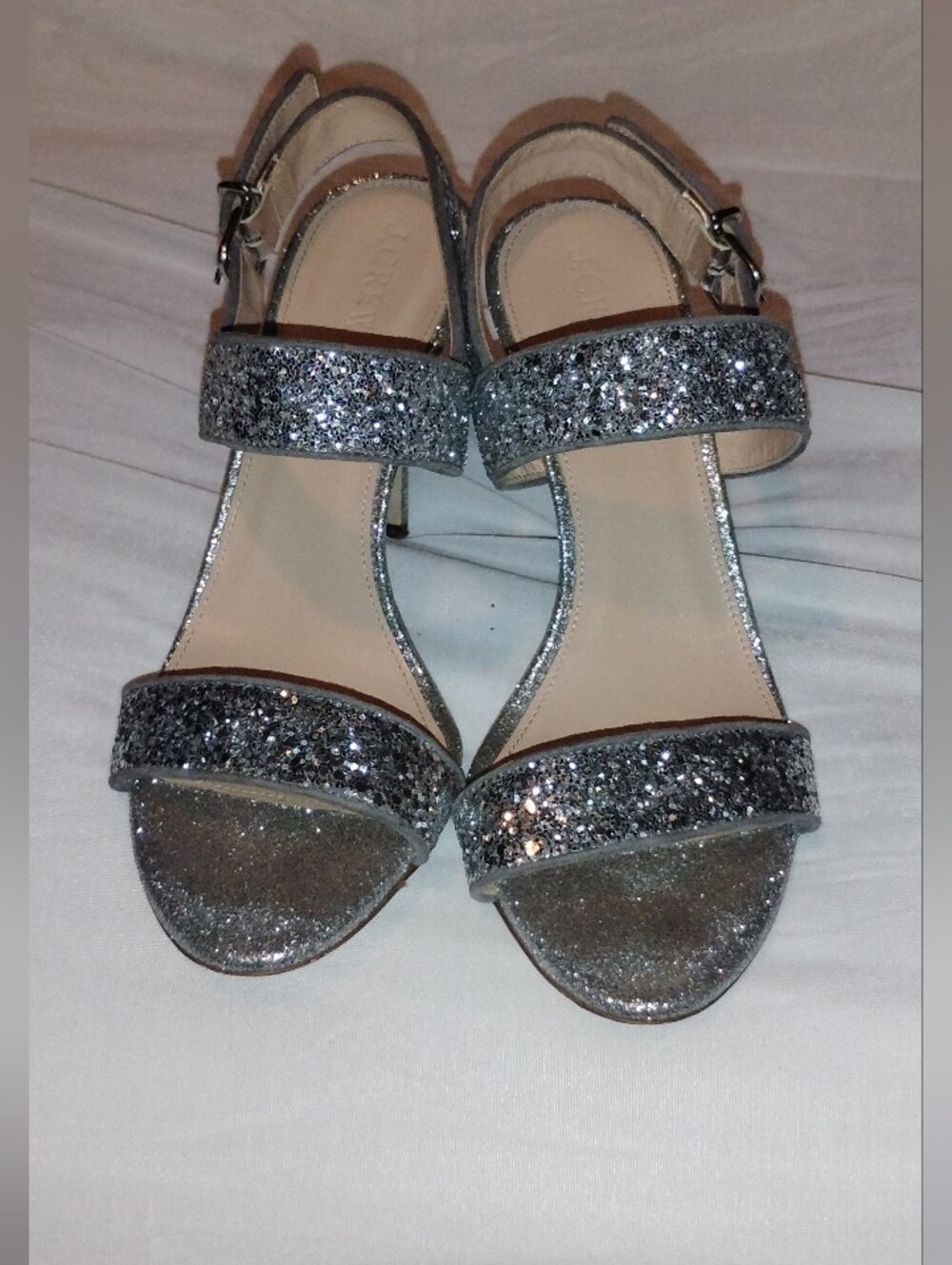 J. Crew Silver Glitter Open-Toe Block Heel Sandals Size 8
